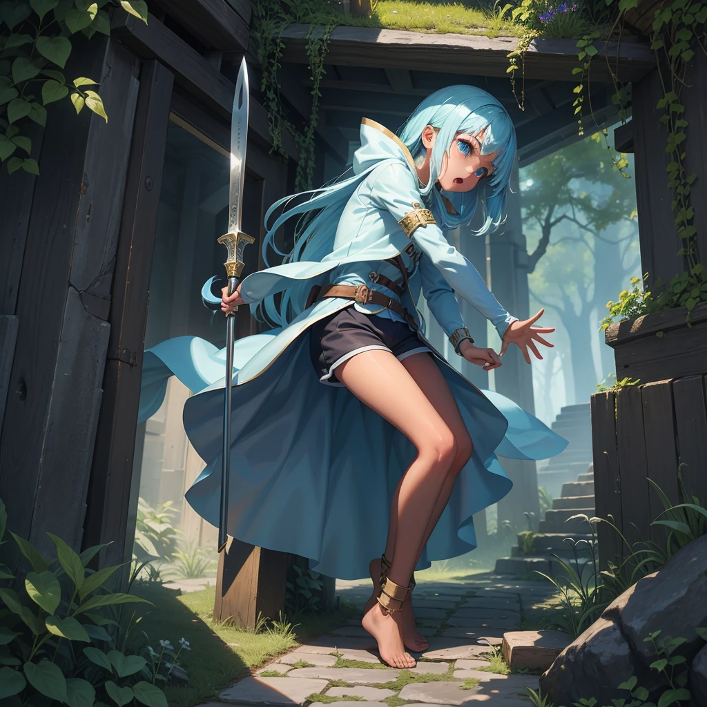 最high quality、high quality、Frugal cloth clothes、10Year-old girl adventurer、Climb the labyrinth stairs、Shorts、Equipped with a dagger and a shield、Inside the dim labyrinth、The whole body is swallowed by slime