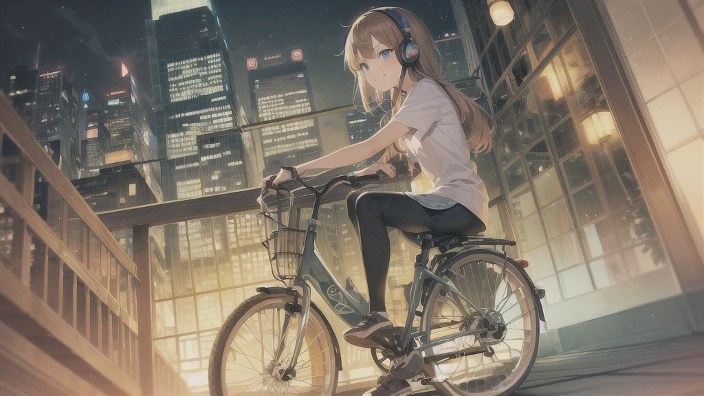 (In 8K, Ultra-high resolution, Best Quality, Masterpiece:1.2), Lo-fi Hip Hop , flat, 2.5D, Line art, Ink drawing, Watercolor, Gouache color, Studio Ghibli style, Great colorful, Relaxed girl listening to music with headset, smile, Detailed teeth, はにかんだsmile, 80s city night view, bike