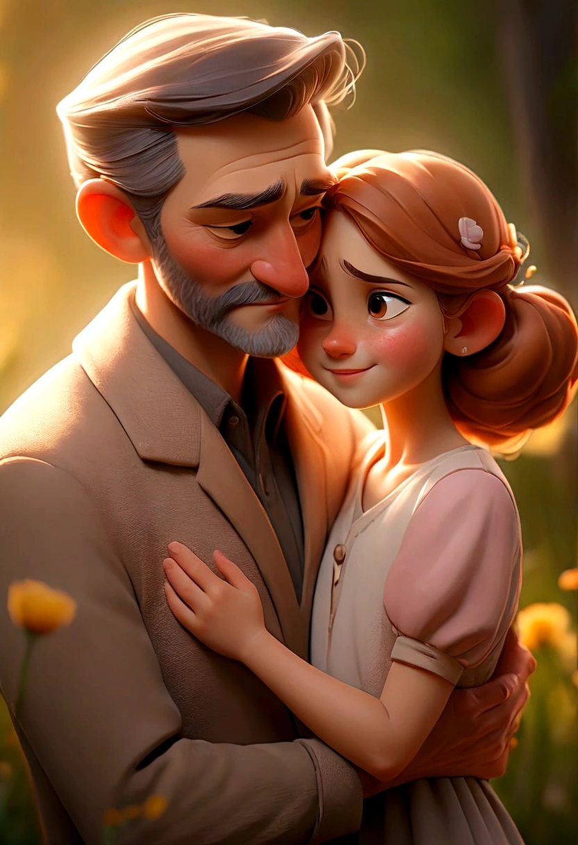a loving father, Father's Day, father and daughter, heartwarming moment, paternal bond, ultra-detailed masterpiece (1.2, 8k highres), photorealistic, realistic, warm lighting, soft focus, beautiful colors, vibrant hues, tender mood, sentimental, cinematic – this image captures a tender embrace between a loving father and his daughter during golden hour. The father's gentle smile, tenderly holding his daughter's hand, emanates a heartfelt emotion as they share a beautiful family portrait. The warm lighting filters through the soft focus, bathing the picture in a loving relationship that radiates a palpable paternal bond
