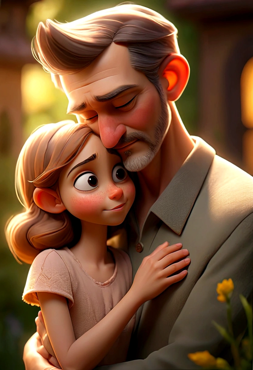 a loving father, Father's Day, father and daughter, heartwarming moment, paternal bond, ultra-detailed masterpiece (1.2, 8k highres), photorealistic, realistic, warm lighting, soft focus, beautiful colors, vibrant hues, tender mood, sentimental, cinematic – this image captures a tender embrace between a loving father and his daughter during golden hour. The father's gentle smile, tenderly holding his daughter's hand, emanates a heartfelt emotion as they share a beautiful family portrait. The warm lighting filters through the soft focus, bathing the picture in a loving relationship that radiates a palpable paternal bond