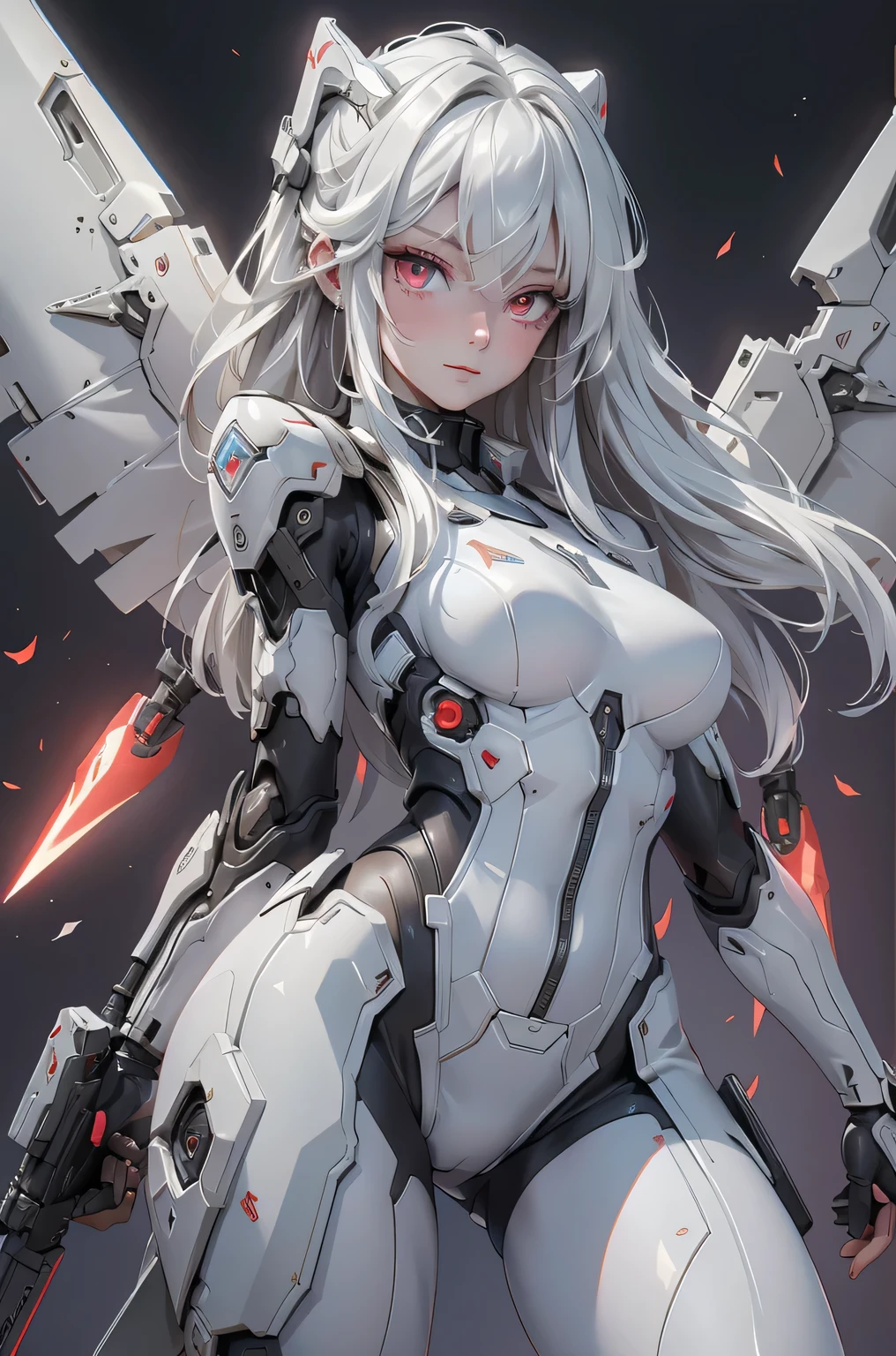 ((Cyberpunk women images)),raise one's arms high:1.4、armpits,,(masterpiece:1.4, highest quality, Dutch Angle)(One Girl, alone)(Gray hair that changes with light、Smooth and straight hair、WHITE hair fluttering in the wind)、(beautiful, Glowing Skin、Cheek Gloss Highlighter、Sexy and very beautiful and adorable face、The most beautiful face in the world、big, Glowing red eyes)、(Cute 25 year old girl, large breasts、Tight waist、Delicate shoulders、Perfect figure)(Overall dark、A ruined futuristic city、The world at the end of the century、Traces of war、cave、Remains)(Futuristic combat suit、White combat armor、Highly decorated combat uniform、Mechanical Wings、Wing-shaped weapon)(Shooting from close range、Pictures of female faces)