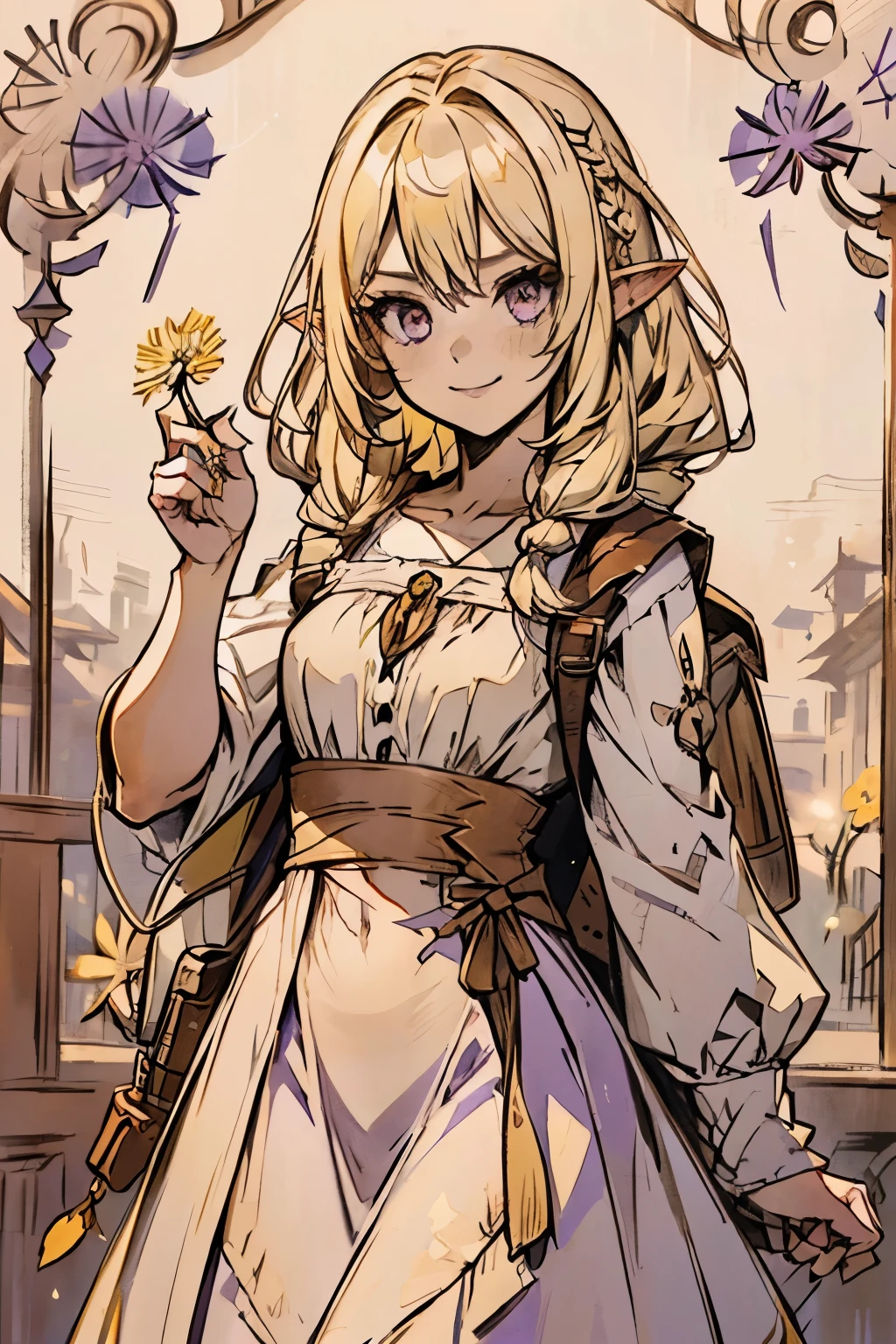 blood_elf, (blonde hair), ((purple eyes)), (braids), long white dress, ((holding a yellow dandelion in hand)), ((waist_long_hair)), world_of_warcraft, female, detailed_hands, brown_knapsack, long_ears, grown woman, medium breasts, no visible stomach, no visible hips, smiling