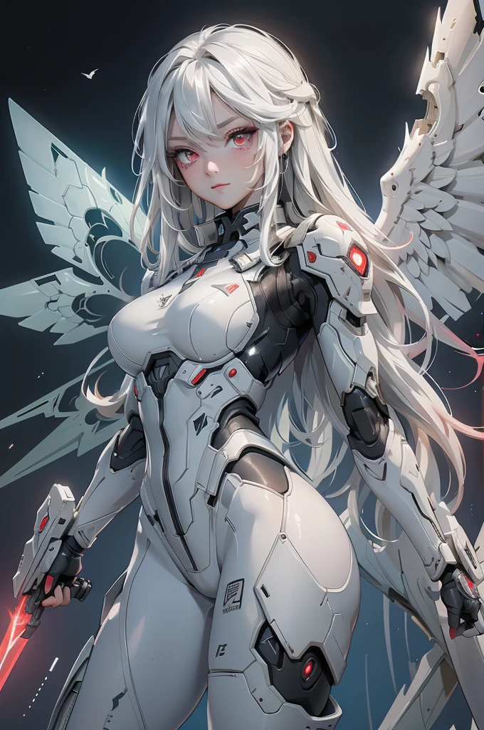 ((Cyberpunk women images))，raise one's arms high:1.4、armpits,,(masterpiece:1.4, highest quality, Dutch Angle)(One Girl, alone)（Gray hair that changes with light、Smooth and straight hair、WHITE hair fluttering in the wind）、（beautiful, Glowing Skin、Cheek Gloss Highlighter、Sexy and very beautiful and adorable face、世界で最もbeautiful顔、big, Glowing red eyes）、（Cute 25 year old girl, large breasts、Tight waist、Delicate shoulders、Perfect figure）（Overall dark、A ruined futuristic city、The world at the end of the century、Traces of war、cave、Remains）(Futuristic combat suit、White combat armor、Highly decorated combat uniform、Mechanical Wings、Wing-shaped weapon)（Shooting from close range、Pictures of female faces）
