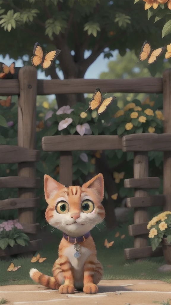 The same orange cat peering through a garden fence, looking at a colorful butterfly. Add butterfly 