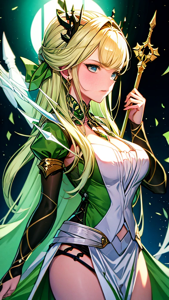 a blonde, green-eyed girl dressed like a queen holding a spear
