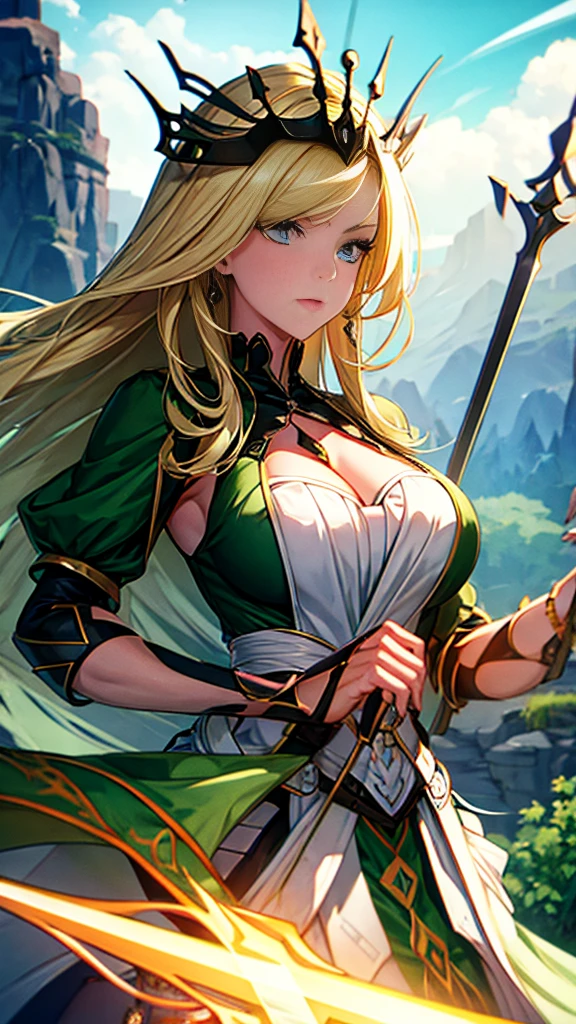 a blonde, green-eyed girl dressed like a queen holding a spear