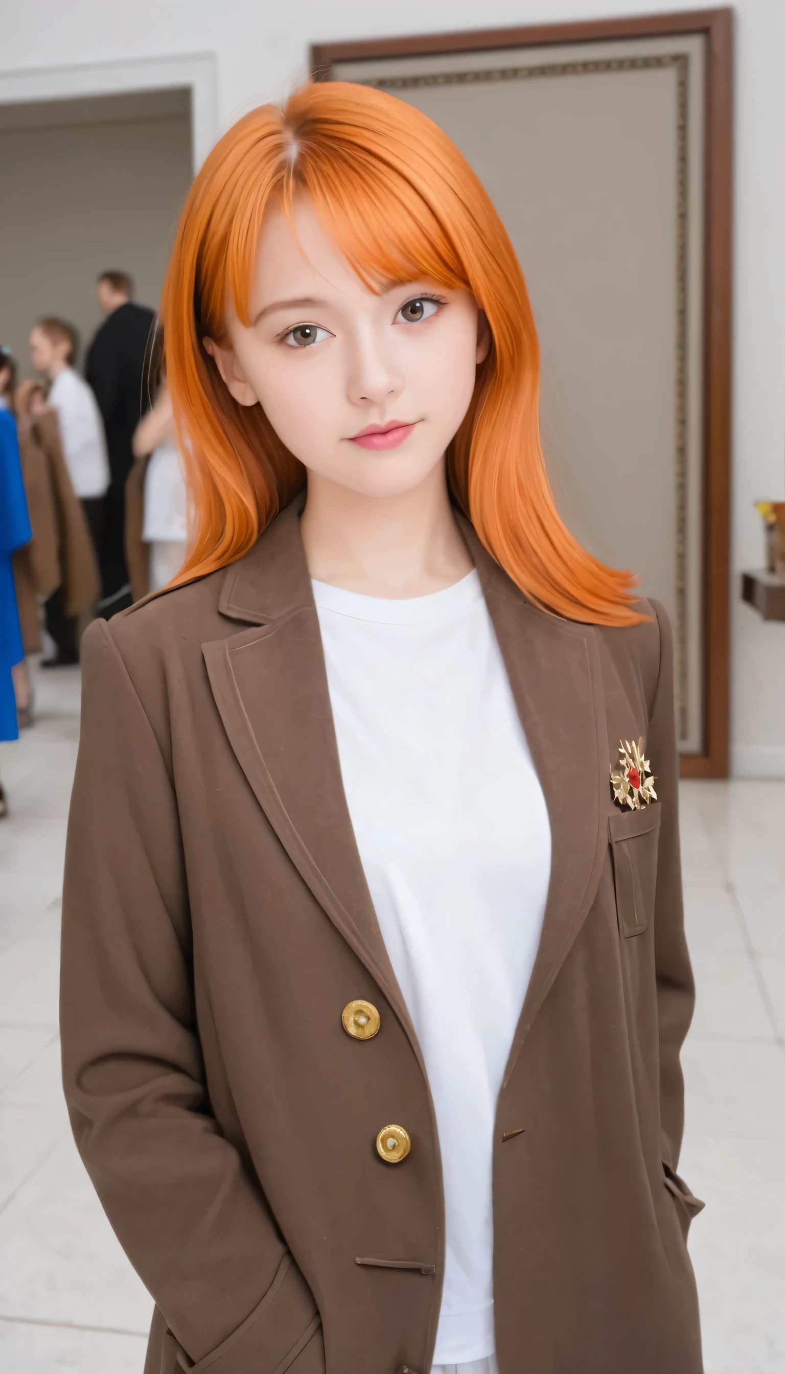 (masterpiece:1.4), (best quality:1.2), Song, 1 Girl, White shirt, Brown jacket, Orange Hair, Upper Body