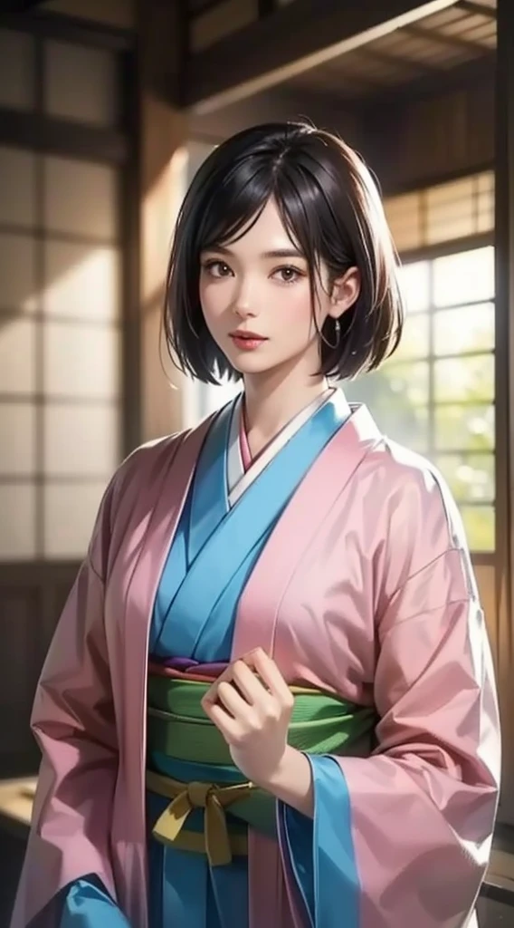 (Realistic)、(Realistic:1.2)、(High resolution)、Very detailed、Very beautiful face and eyes、1 girl、Delicate body、(highest quality、Attention to detail、Rich skin detail)、(highest quality、8k、Oil paint:1.2)、Very detailed、(Realistic、Realistic:1.37)、Bright colors、Full Body Shot,black_hair, Beautiful 8k eyes,Looking_in_Audience,One person in,Are standing,((Very beautiful woman, Fuller lips, Japanese pintern kimono))、((Colorful Japanese kimono)))、(((blackhair)))、(((Blunt bung,short hair)))、((( Inside an old Japanese house with a (short focus :1.4),)))、(masterpiece, highest quality, highest quality, Official Art, beautifully、aesthetic:1.2),(Fractal Art:1.3),Sengoku period、Greg Rutkowski Written by Alphonse Mucha Ropp,short ,uchikake,nishijin ori,(realistic light and shadow), (real and delicate background),(muted colors, dim colors, soothing tones:1.3), low saturation, (hyperdetailed:1.2), (noir:0.4),drow,blurry_light_background, (vibrant color:1.2), cinematic lighting, ambient lighting,Single Shot,Shallow Focus,pink lip,blurry light background,