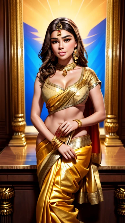 Hailee Steinfeld as a gorgeous Indian Empress wearing ((Kasavu Saree)); deep cleavage; ((ultra glossy lips)); ((Traditional Indian Makeup)); ultrarealistic skin, ultrarealistic face; ultrarealistic body; ((ultrarealistic gold ornaments)); (Perky Round tits)); ((overflowing Perky Round breasts)); high resolution; detailed skin; ultra detailed eyes; ultra detailed face; ultra detailed lips; 4k resolution; Ultrarealistic Light Hazel Brown Eyes; both eyes are similar, thick eyebrows, heavily oiled shiny skin, slim athletic body, sexy seductive pose, Seductive smile, standing; looking at viewer, facing camera; full body photograph, DSLR photo; HDR, super-resolution, maximum clarity and sharpness, rule of thirds, 8k raw, reflections, sharp focus