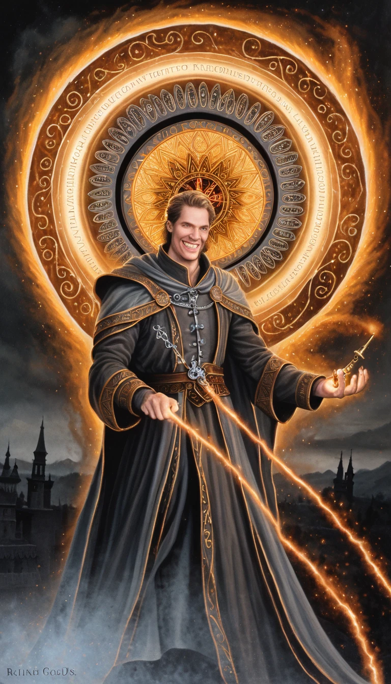 masterpiece, best quality, high quality, 1boy, digital painting, Gatekeeper of prompts, Gatekeeper, Key, Portal, Fantasy, Fine Art, Digital Art, Magical, Mystical, Ethereal, Unique Style, Highly Textured, Intricate Details, Vibrant Colors, ((by J.R.R. Tolkien, by Salvador Dali, by Brian Froud)), absurdres, Dynamic Pose, Vigilant Stance, Gate, Fantasy Art, Magic, Protector, Surreal, Symbolic, (evil grin, grin), yellow eyes