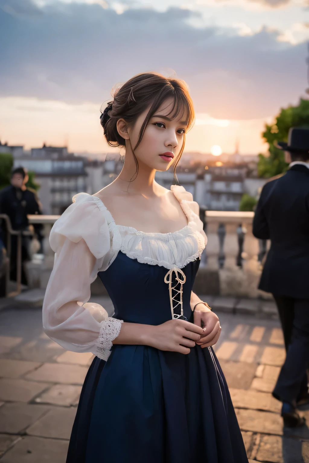 ((masterpiece:1.4, highest quality)), (Realistic photos:1.4),
((1 girl)), (Otherworldly beauty), (dream-like),
(超High resolution:1.2), Very delicate and beautiful, wonderful, Very detailed CG Unity 8k wallpaper, Very detailed, High resolution,
Soft Light, Beautiful detailed girl, Very detailedな目と顔, Beautiful and detailed nose, Beautiful and detailed,
(Dressed in late 19th century French costume:1.3),
Cinema Lighting, Perfect Anatomy, Slender body, (Parted bangs),
(Impressionist portrait of a beautiful girl), (Standing on a street in Montmartre at the end of the 19th century:1.3), (evening), (after the rain), (Reflection of the sunset), (Impressionist light and colour),
Cowboy Shot