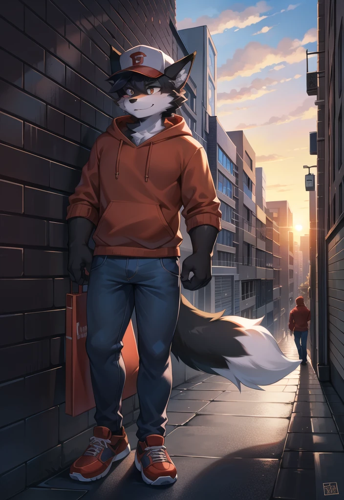 (Fox, furry, anthropomorphic), Male, standing in alleyway, city background, outside, wearing jeans wearing red hoodie, Furry art, Fur on arms, big Floofy tail, fur on legs, (Black Fur covering whole body, Best quality, human like body figure), looking at sunset, wearing white hat