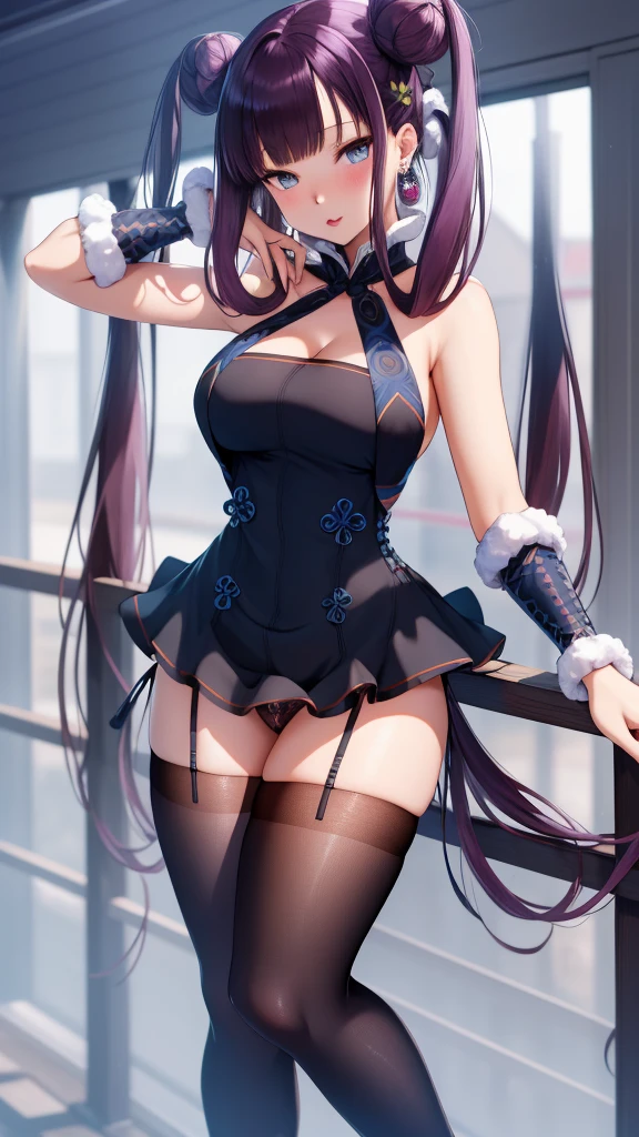 masterpiece, best quality, highres, 1girl, gradient hair, jewelry, earrings, piercing, glossy lips, lips parted, blush, iidol dress, miniskirt, flared skirt, thigh highs, cleavage, kitagawa marin, aichan, looking at viewer, short curly hair, twintails, sexy, sexy pose, horny mood, visible panties