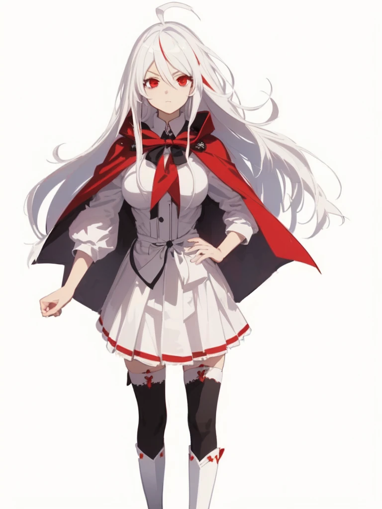 masterpiece, best quality, comic, adorable girl, very long hair, white hair, ahoge, eyeball, white eyebrows, expressionless, sigh, red eyes, large breasts, seifuku, cape, skirt, black thighhighs, boots, satchel, hand_on_hip,