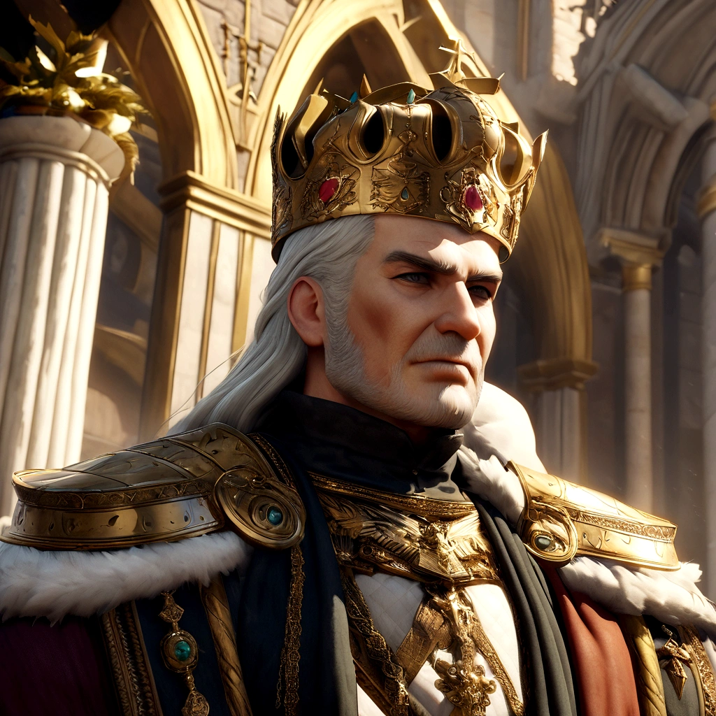 arafed image of a man in a crown standing in a courtyard, medieval old king, portrait of a king, great king of stovokor, unreal engine 5 highly rendered, granting him a noble title, celebrating a king being crowned, created in unreal engine 5, king of kings, unreal engine 5 quality render, man with a crown, Emperor Justinian The Great (in Byzantine Empire) After Reconquering Rome