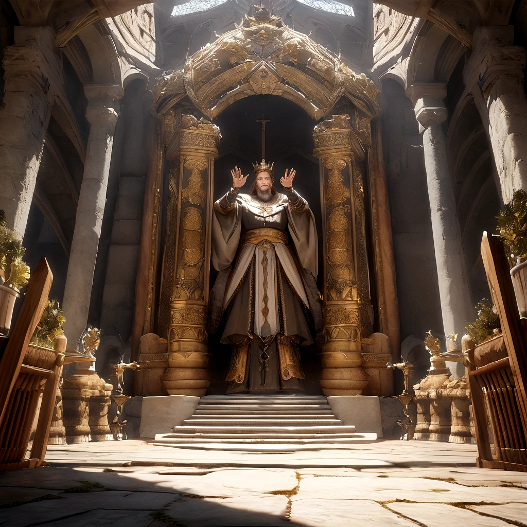 arafed image of a man in a crown standing in a courtyard, medieval old king, portrait of a king, great king of stovokor, unreal engine 5 highly rendered, granting him a noble title, celebrating a king being crowned, created in unreal engine 5, king of kings, unreal engine 5 quality render, man with a crown, Emperor Justinian The Great (in Byzantine Empire) After Reconquering Rome