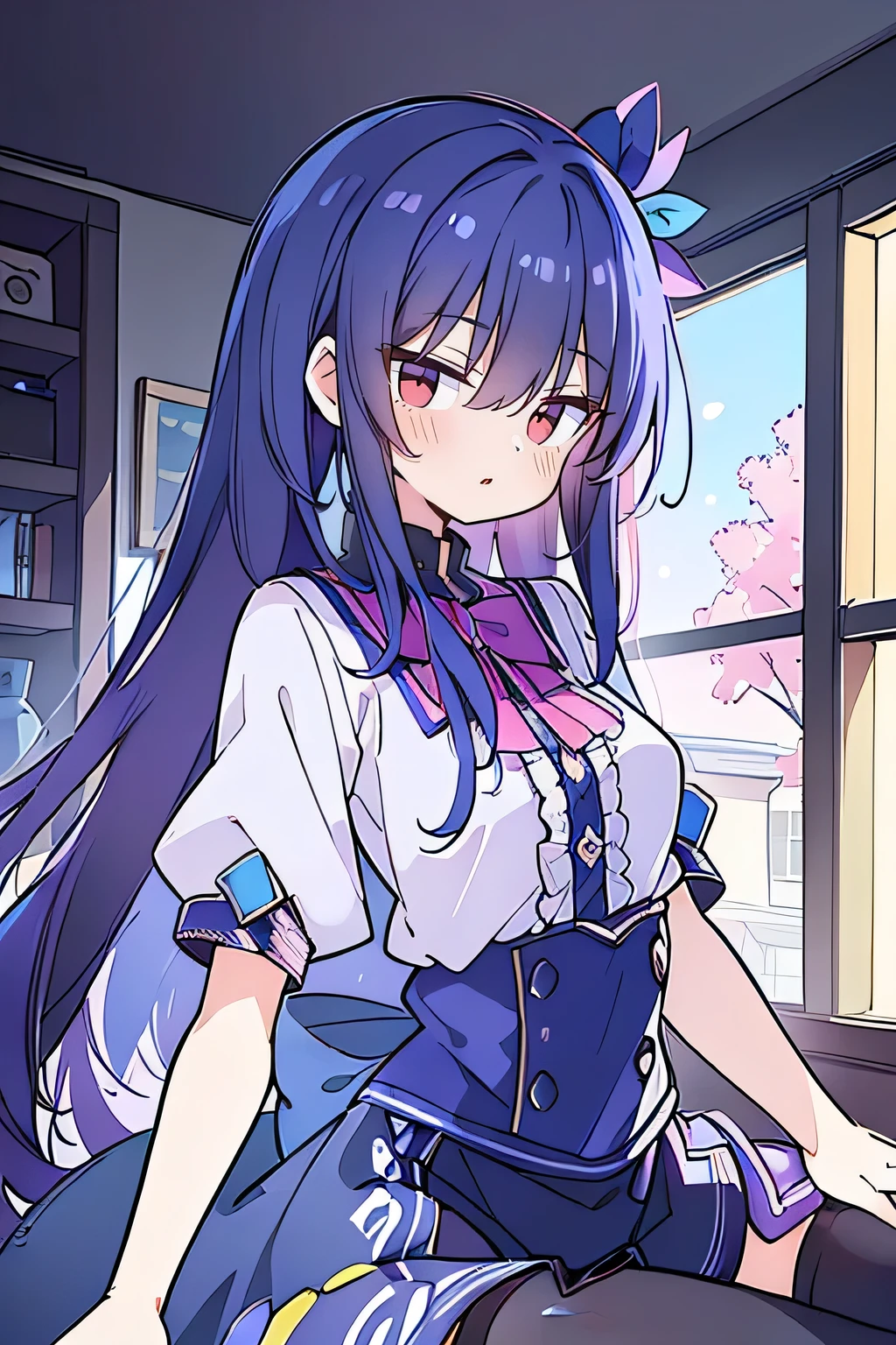 (best quality:1.3), (masterpiece:1.3), (illustration:1.3), (ultra-detailed:1.3), (imid shot:0.9), 1girl, medium breasts, purple eyes, (((dark blue hair))), hair ornaments, young, outfit-gladiia, long hair, dark blue hair, indoors, black shorts, thigh-highs, low ponytail, expressionless, upper body, close up, coat, skirt,