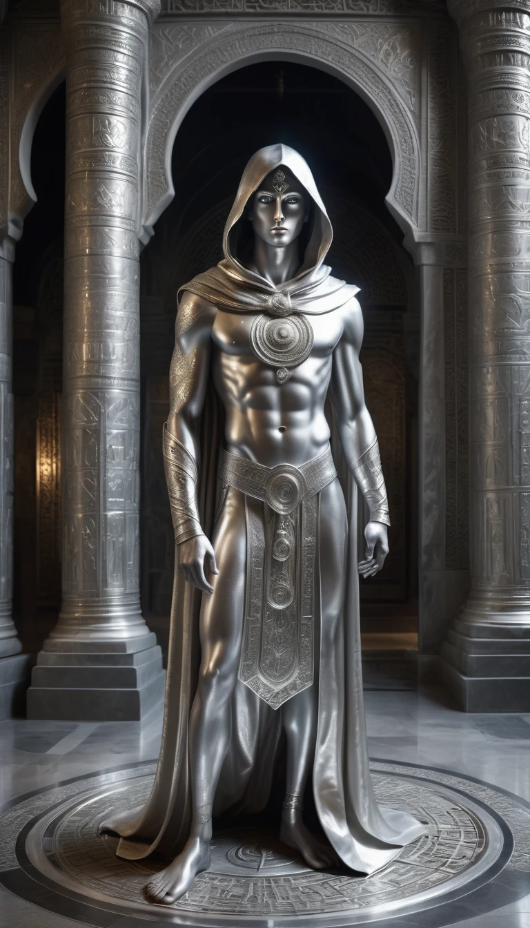 A full-length statue of the sexual young man with beautiful opened silver eyes looking forward with silver skin - God of the moon, made of silver, arabic appearance, naked in a floor-length silver skirt, covered with a hood, semicircular symbols on clothes    
In the temple with Arabic architecture made of silver, dark fantasy style