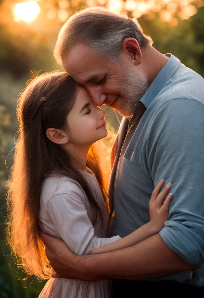 a loving father, Father's Day, father and daughter, heartwarming moment, paternal bond, ultra-detailed masterpiece (1.2, 8k highres), photorealistic, realistic, warm lighting, soft focus, beautiful colors, vibrant hues, tender mood, sentimental, cinematic – this image captures a tender embrace between a loving father and his daughter during golden hour. The father's gentle smile, tenderly holding his daughter's hand, emanates a heartfelt emotion as they share a beautiful family portrait. The warm lighting filters through the soft focus, bathing the picture in a loving relationship that radiates a palpable paternal bond