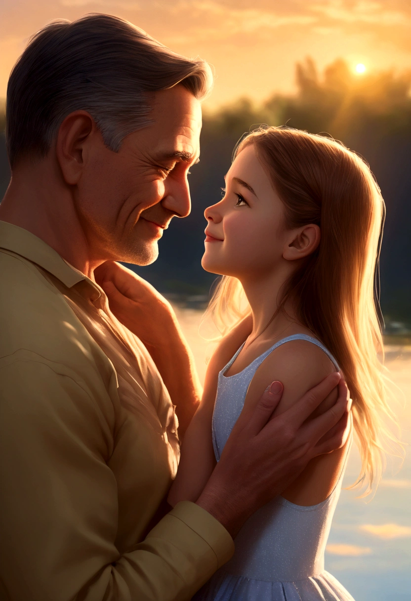 a loving father, Father's Day, father and daughter, heartwarming moment, paternal bond, ultra-detailed masterpiece (1.2, 8k highres), photorealistic, realistic, warm lighting, soft focus, beautiful colors, vibrant hues, tender mood, sentimental, cinematic – this image captures a tender embrace between a loving father and his daughter during golden hour. The father's gentle smile, tenderly holding his daughter's hand, emanates a heartfelt emotion as they share a beautiful family portrait. The warm lighting filters through the soft focus, bathing the picture in a loving relationship that radiates a palpable paternal bond