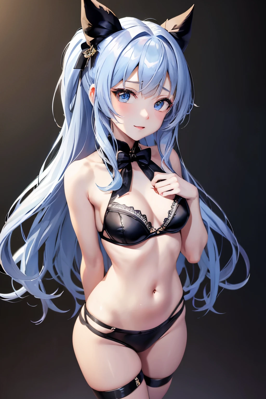 （（（ＳＦＷ、highest quality、first-class、masterpiece、Normal body、8k、Detailed face、Ultra-precision、Normal hand、Normal finger、５Finger、Highest）））、beautiful girl、Blue and silver hair、Small breasts、Shortcuts、Wrapping ribbon、Black Ribbon、裸体にBlack Ribbonをラッピング、Black ribbon bra、Black ribbon pants、Raise your hands、プレゼントは私♥️、joy、Embarrassed