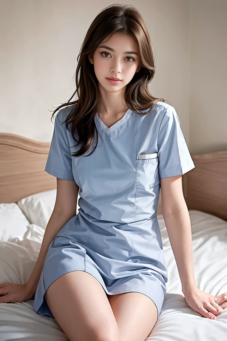 (best quality,realistic,ultra-detailed),a two sexy and slim 18-year-old French brunette woman in short sleeve nurse uniform, visible legs, sur un lit