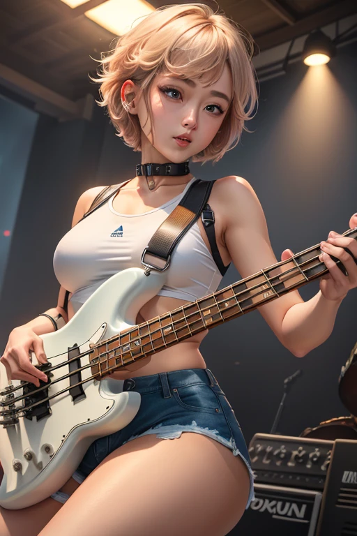 8k,Very detailed,Ash colored short hair、Wearing a white tube top battle suit、Wear a denim shorts battle suit、live house、Japanese women、Medium chest、((Playing the bass))