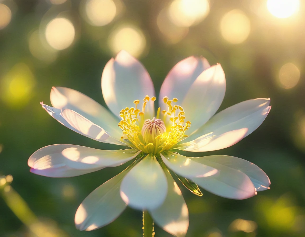 Create a 4K image of a glowing flower with petals emitting a soft, radiant light. The flower is in the center of a field of similar luminous blooms, illuminating the night. Use a close-up shot to focus on the glowing petals. The lighting should highlight the gentle glow, creating a mystical ambiance. Ensure the image is highly detailed, in sharp focus, and of very high quality with no blur