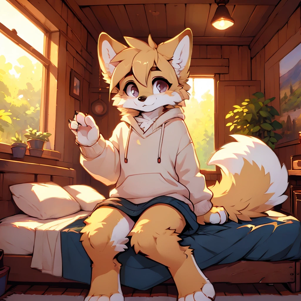 fluff-kevlar, by Zackary911, by Kenket, by Kilinah, by fluff-kevlar, (masterpiece), top-quality，best qualityer, ((best quality)), ((masterpiece)), (detailed), digital art, (golden retriver style), ((kemono)), ((furry)), ((female)), ((young adult)), ((sitting)), ((centered)), ((waving)), ((shy)), ((baggy white sweater)), ((skinny)), ((small butt)), ((on a bed)), ((SFW)), ((fluffy)), adorable, warm smile, (feminine), ((golden retriever body)), ((small chest))
