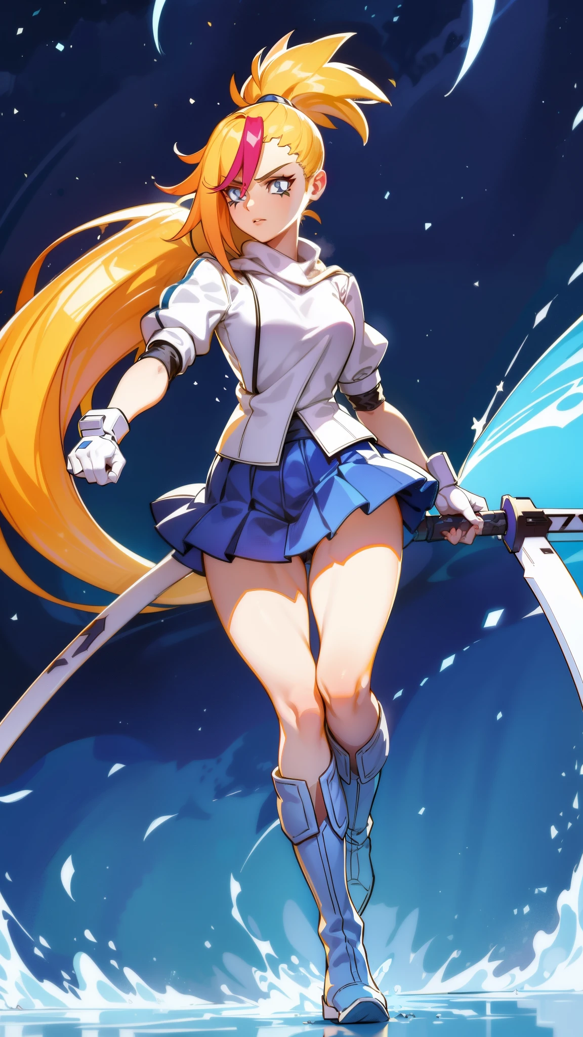 1 girl, ultra long hair, ultra detailed face, glowing lips, glowing blue eyes, very long ponytail, elegant walk, catwalk, holding down a  giant katana, blonde, long eyelashes, long boots , looking to the sky, starry sky, a ultra giant katana 