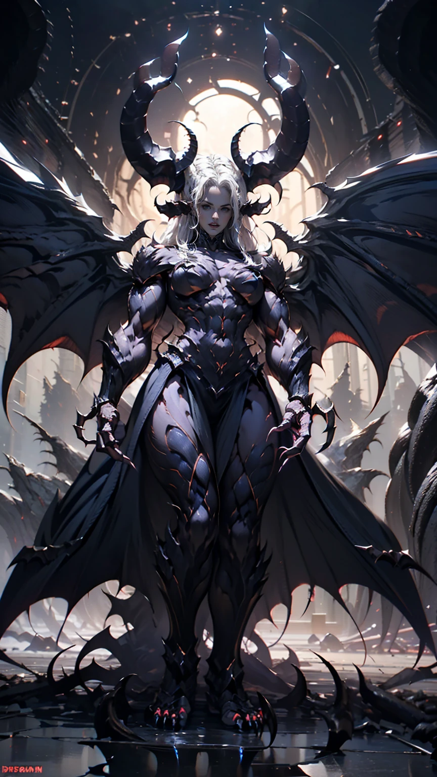 (megan fox), ((((((1 muscular demon girl)))))), (((huge upper body))), long hair, ((((huge demon wings))), (((pale skin))), (((sharp teeth, Huge horns, large nails))), navel, ((((full body front view)))), (((perfect hands, perfect fingers))), (((black empty background)))