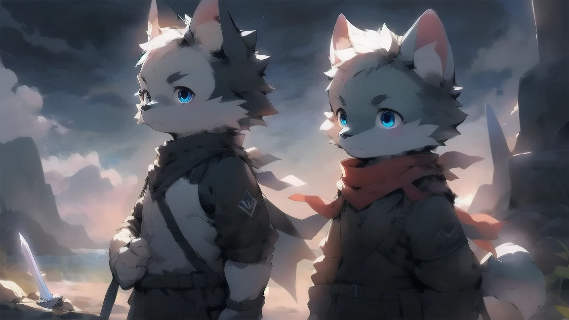 Wolf，juvenile，male，Gray-black fur，Sky blue eyes，Black combat uniform，scarf，Holding a long sword，scabbard，Draw the sword，permanent，The only one,dawn，illumination，Break，bust