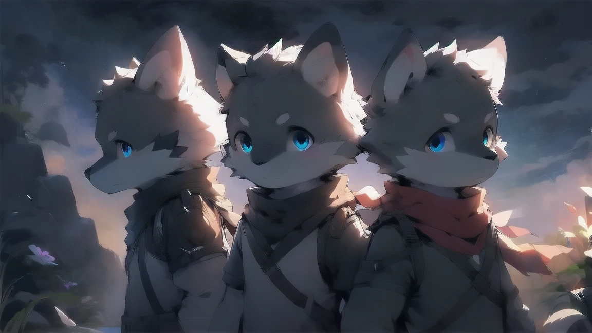 Wolf,juvenile,male,Gray-black fur,Sky blue eyes,Black combat uniform,scarf,Holding a long sword,scabbard,Draw the sword,permanent,The only one,dawn,illumination,Break,bust