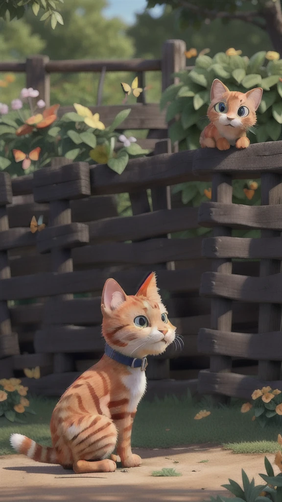 The same orange cat peering through a garden fence, looking at a colorful butterfly.