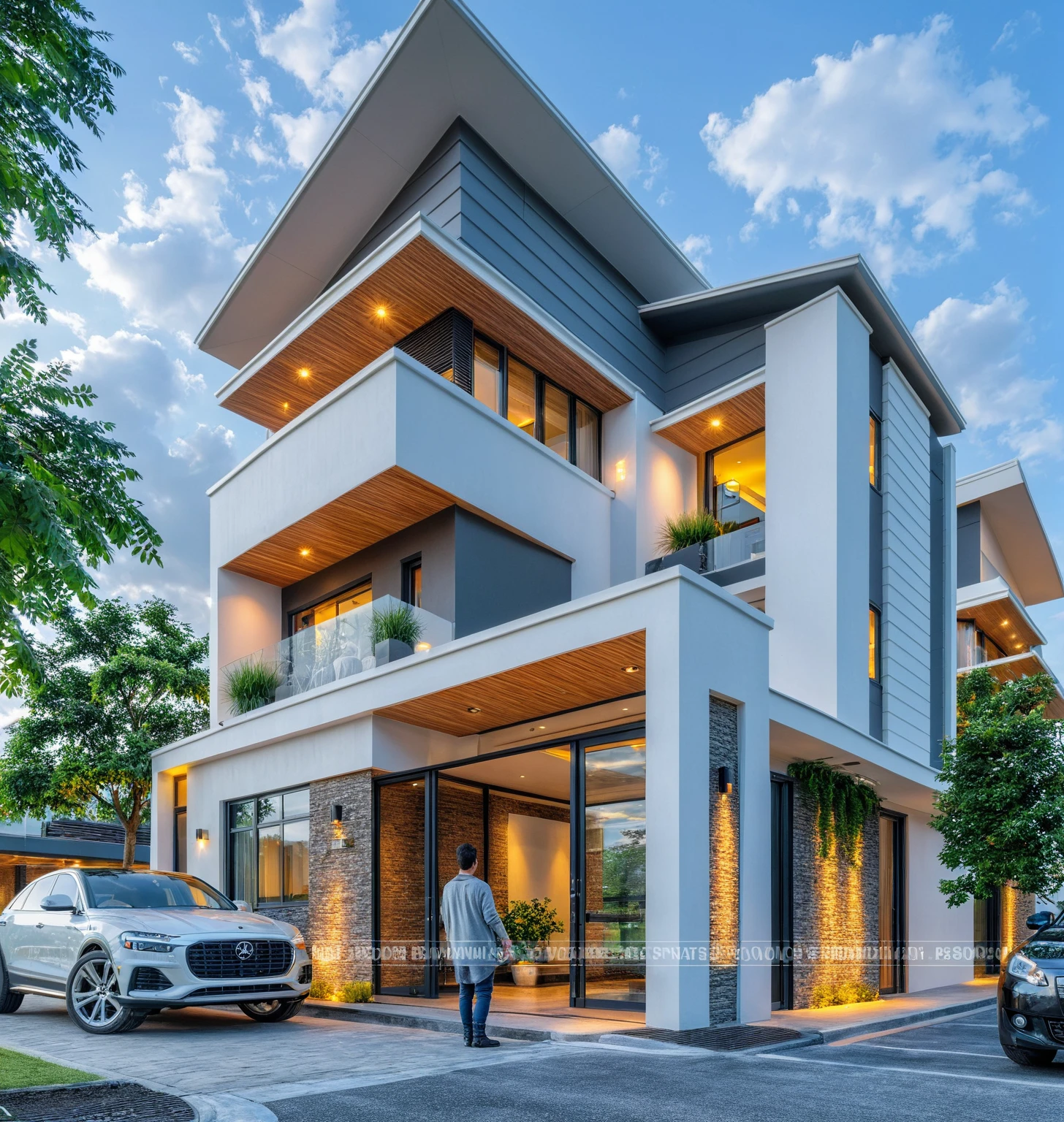 Masterpiece, high quality, best quality, authentic, modern villa, realistic scene, super detail, outdoors, house on the street, white wall, glass window, steel gate, road, pavement, grass, trees, sky, cloud, car (nightlight:1.1)