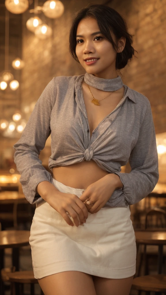 Young Malay women standing and pose in hipster cafe, happy, smiling, nighttime, wearing nobra and pleated short skirt, white high sneakers, professional lighting, ray lighting, blur background, cool ambient, calm ambient, bokeh, small breast, flat chest, small waist, small head, short body, wide hips, thick thighs, curved back, round small ass, sexy pose, bright lighting, mole below eyes, skin spots, acnes, skin blemishes, age spot, detail skin texture, skin detail, skin wrinkle detail, dark brown skin, gold necklace, high quality, ultra detail face,