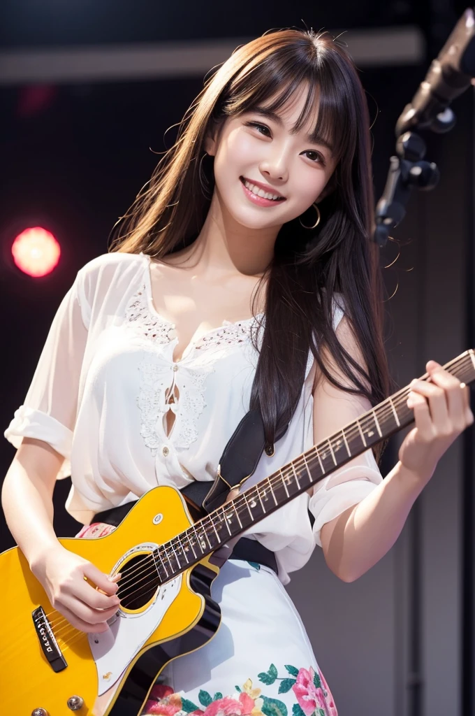 Pronto Masterpiece, Best Quality, Illustration, Ultra-detailed, finely detailed, high resolution, 8K Wallpaper, Perfect dynamic composition, Beautiful detailed eyes, Women's Fashion Summer, Medium Hair, Small breasts, natural color lip, Bold sexy poses, Smile, Harajuku, 20 years girl, Cute, Sexy shot looking at camera, playing guitar, live performance, stage lights, floral skirt, white blouse, smiling happily, realistic, vibrant colors, modern idol, detailed background, microphone, engaging audience negative pronto low quality, blurry, poorly detailed, unrealistic proportions, messy background, overexposed, underexposed, harsh shadows, unnatural colors, poor composition, unattractive facial expression, awkward pose, low resolution, amateurish, bad lighting, flat colors, lack of detail, over-processed

