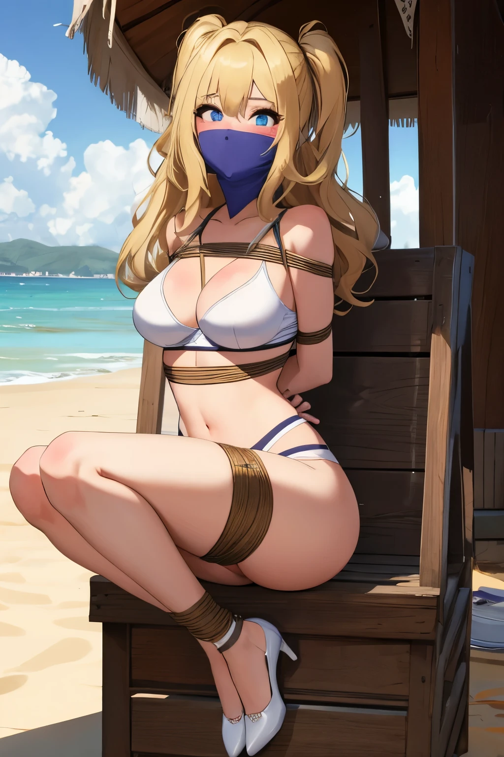 1 girl, detailed blue eyes, lange wimpern, detailed beautiful face, (Long blonde hair:1.4), festgebunden, (arms behind back:1.6), gefesselte Arme, blushing, (Big boobs:1.1), White Bikini, White crop top, OTN, Gag, gagged, shibari, tied Gag, Standing at a beach, black laced high heels, sitting