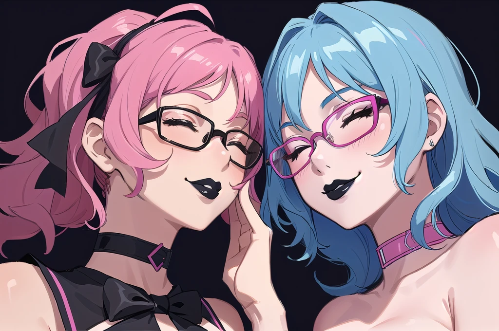 two sexy women looking at camera, flirtatious smiles, closed eyes, chokers, portrait, bow tied short curly blue and pink hair, glasses, black lipstick, view from below