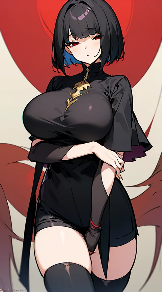 ((Best Quality)), ((Masterpiece)), (Detailed), Girl with short black hair, with straight bangs, red eyes, eyes with eris showing strength, tall and slender, very beautiful and feminine features, with loose black clothing, wearing shorts with long black stockings, short hair, nice breasts