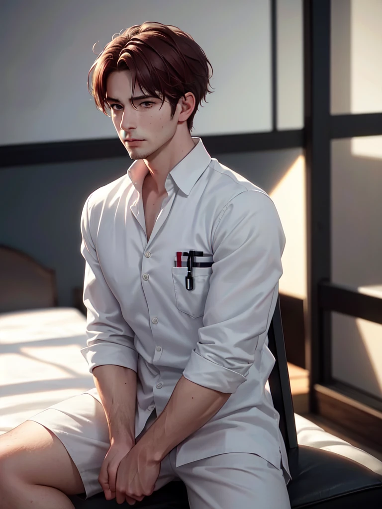 a 35 year old man (red short hair:1.0), grey eyes, moles all over the face, wearing an official uniform, masculinity, teacher, medic, (best quality,4k,8k,highres,masterpiece:1.2),ultra-detailed,(realistic,photorealistic,photo-realistic:1.37),cinematic lighting,highly detailed face and body,sharp focus,vivid colors,anime style
