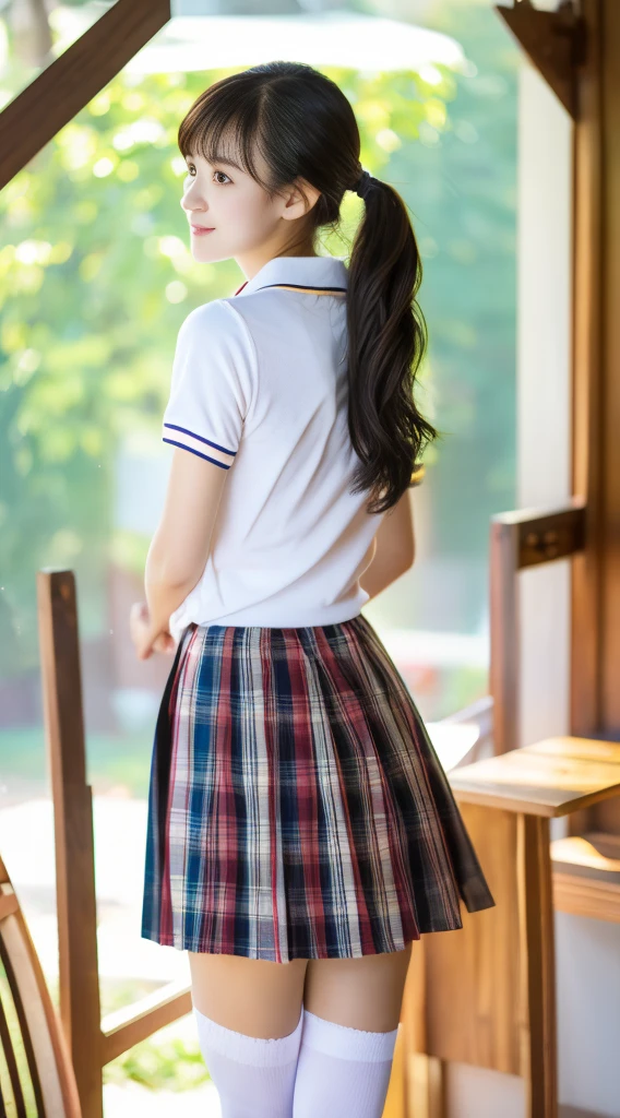 Highest quality、highest quality、Highly detailed figure、Highly detailed face、Highly detailed eyes、Highly detailed nose、Highly detailed facial expressions、Highly detailed full body、Being in reality、16-year-old girl、Introvert、main character、 hairstyles、Bangs、Antennae、Back ponytail、High 、White polo shirt、Uniform skirt、Close to the skin、Tight、High school student plaid skirt、16 year old girl's breasts、Full body photo、Are standing、Emphasizes the beauty of thigh muscles、Full body photo、black tights、School classroom