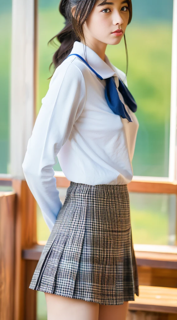 Highest quality、highest quality、Highly detailed figure、Highly detailed face、Highly detailed eyes、Highly detailed nose、Highly detailed facial expressions、Highly detailed full body、Being in reality、、Introvert、main character、 hairstyles、Bangs、Antennae、Back ponytail、High 、White polo shirt、Uniform skirt、Close to the skin、Tight、High school student plaid skirt、16 year old girl's breasts、Full body photo、Are standing、Emphasizes the beauty of thigh muscles、Full body photo、black tights、School classroom