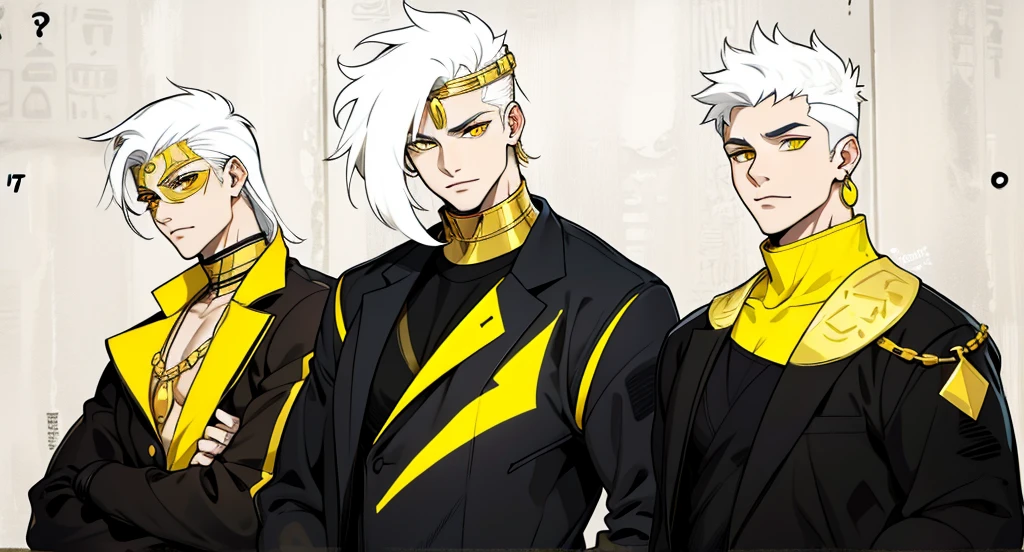 There are 5 Egyptian gods, one of them is intimidating. They have a youthful appearance of 17 years old, white hair, big yellow eyes, they have golden jewelry, black and yellow clothes.