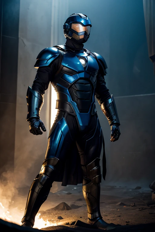 highres:1.2), ultra-detailed, realistic, superhero man, godly metal blue armor with bits of black, black cape, black gloves, black stripes on both sides of arms with blue, no logo on armor, wears a fully black astronaut helmet with golden visor, superhero base, cinematic lighting, dramatic shadows, volumetric lighting, epic fantasy, hyper detailed, majestic, awe-inspiring, heroic, powerful pose