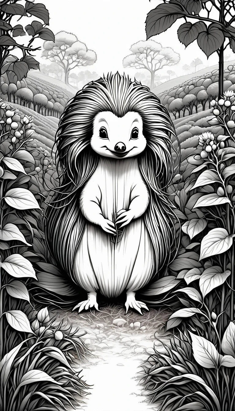 linear black and white drawing of a tender and attentive echidna cares for a vine in her large vineyard . Wide view, simple lines, thin and defined outlines, no shading, no colors, perfect to be colored, cartoon style, clean lines, suitable for children.
