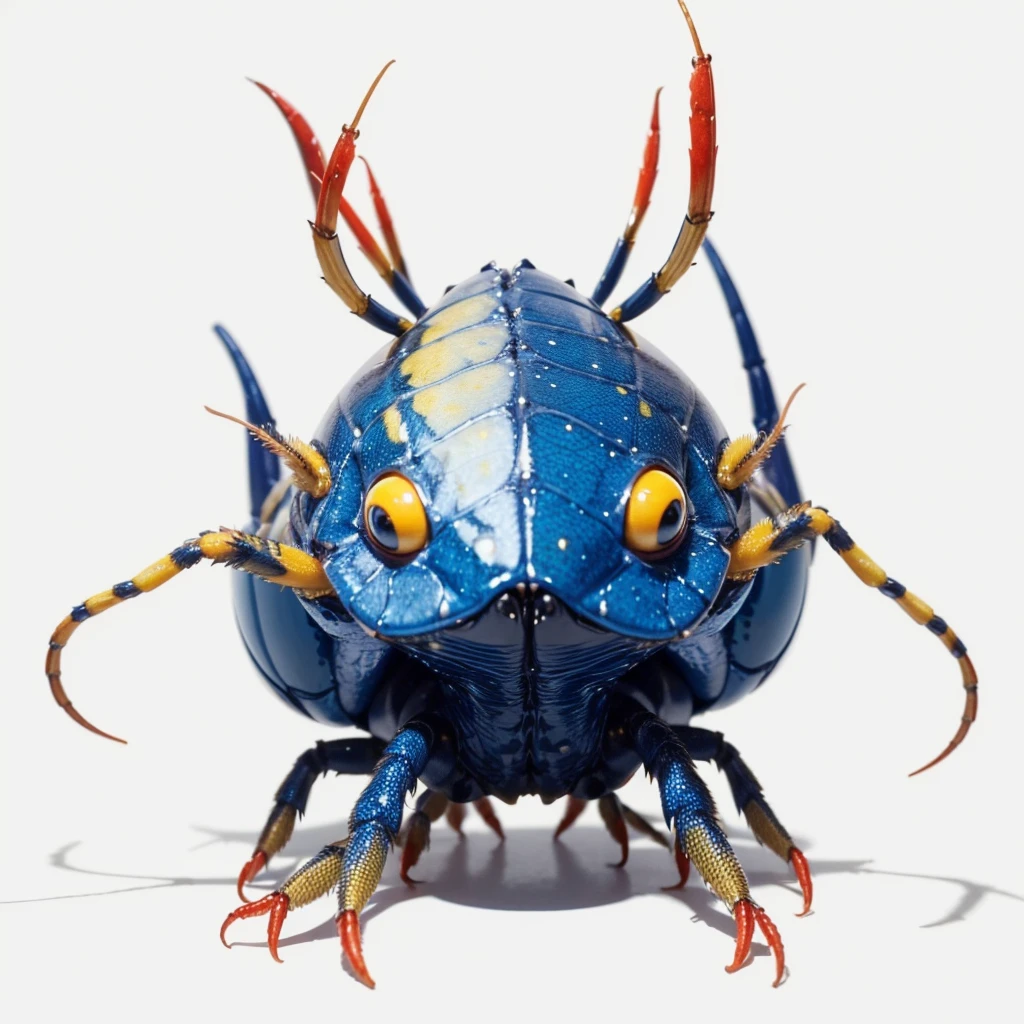 Small Animaly, yellows and blues colour skins, has scales, his body is shaped like a Scorpion but his face is like a lobster, silver colour skins, Grassroots background, (white background simpleks)