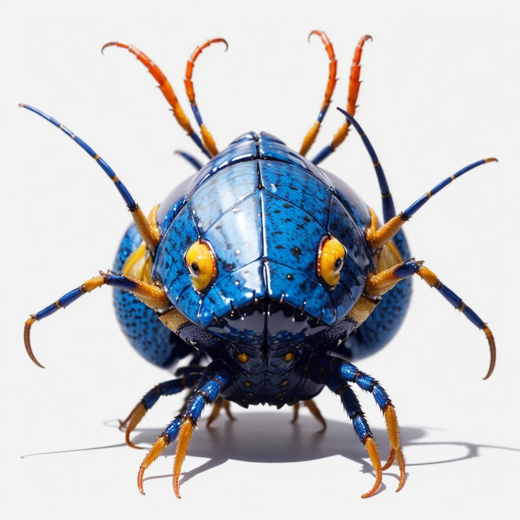 Small Animaly, yellows and blues colour skins, has scales, his body is shaped like a Scorpion but his face is like a lobster, silver colour skins, Grassroots background, (white background simpleks)