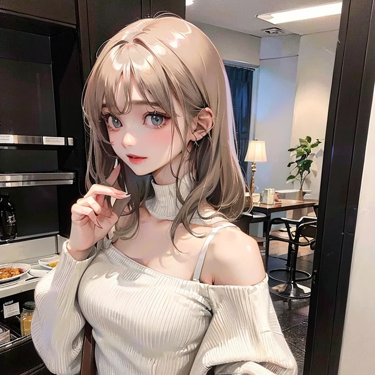 (highest resolution、clear_image)highest quality、woman、masterpiece、very detailed、semi-realistic、light cream hair、short hair、Long neckline、gray eyes、21 years old、shoulder length hair、mature、young、V-neck sweater、exquisite features