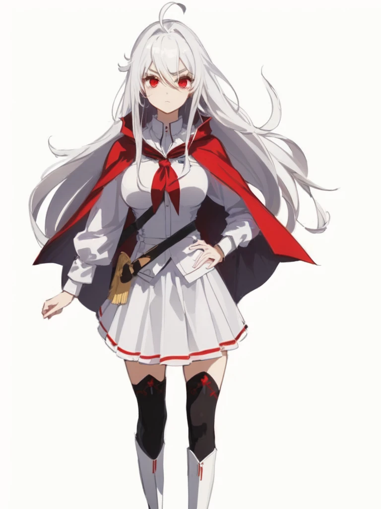 masterpiece, best quality, comic, adorable girl, very long hair, white hair, ahoge, eyeball, white eyebrows, expressionless, sigh, red eyes, large breasts, seifuku, cape, skirt, black thighhighs, boots, satchel, hand_on_hip,